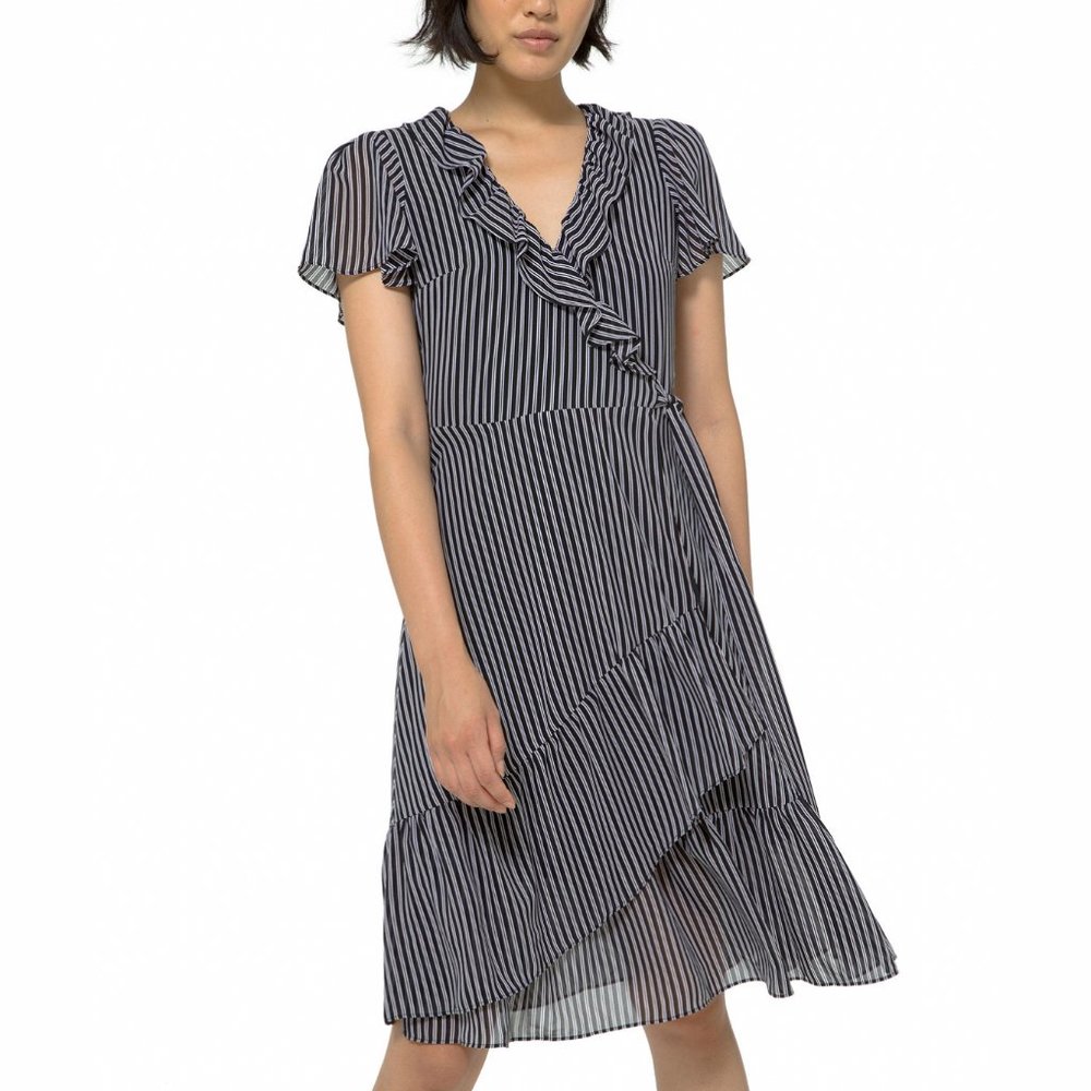 Michael Kors Women Black Striped Surplice V-Neck Short Sleeve Dress Petite Small